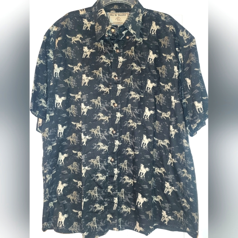 Bit & Bridle Horses Short Sleeve Button Down Shirt Size‎ Large 100% Cotton Black